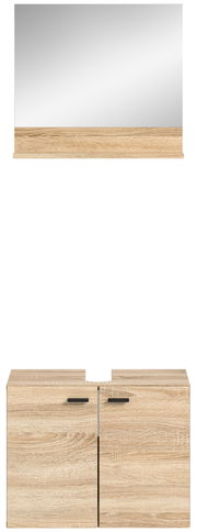 Frontale Ansicht der Badkombination MID.YOU BOSTON mit Holzoptik, bestehend aus einem Spiegel und einem Unterschrank mit zwei Türen.