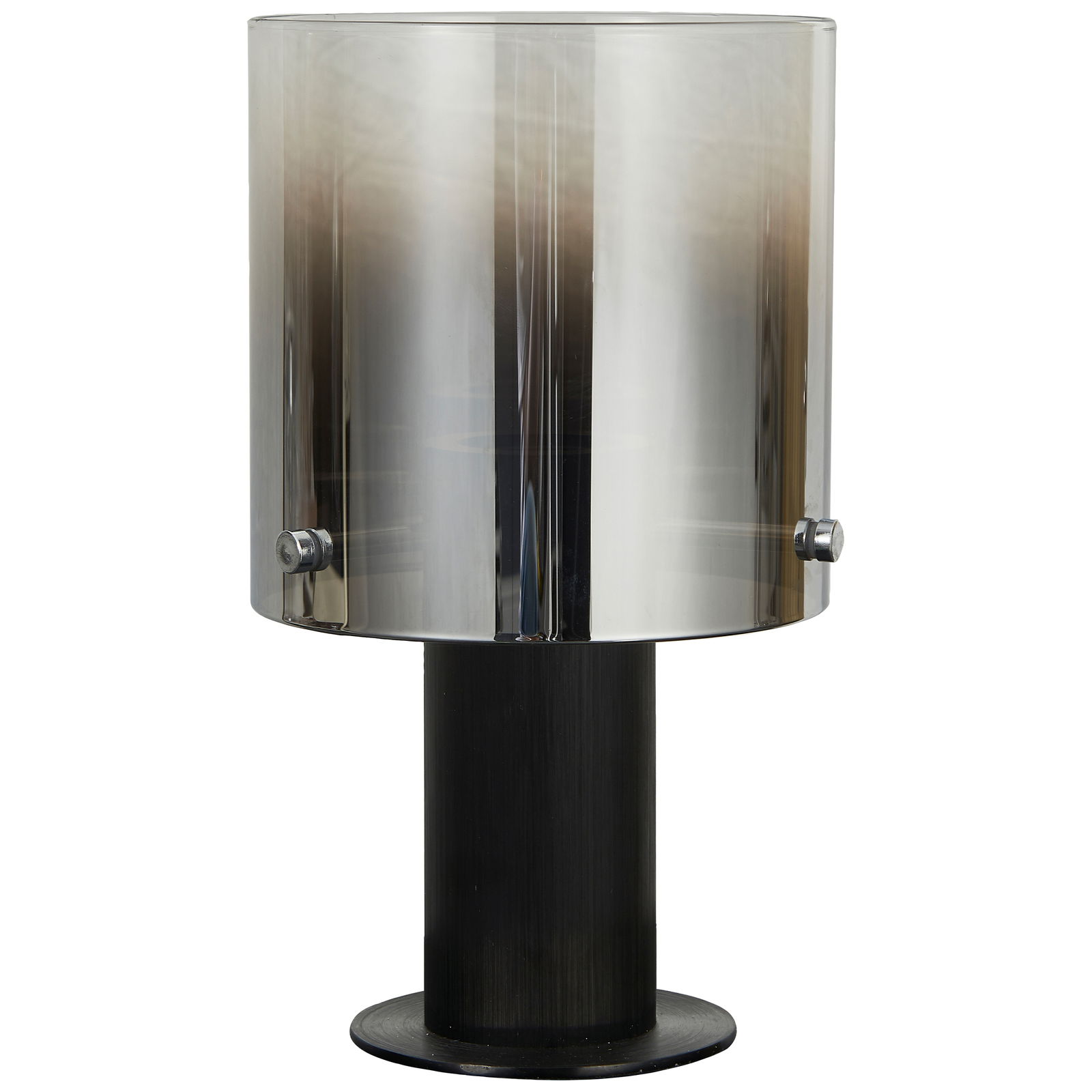 Moderne Tischleuchte mit zylindrischem, transparentem Schirm und schwarzem Sockel, frontal betrachtet.