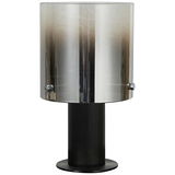 Moderne Tischleuchte mit zylindrischem, transparentem Schirm und schwarzem Sockel, frontal betrachtet.