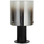 Moderne Tischleuchte mit zylindrischem, transparentem Schirm und schwarzem Sockel, frontal betrachtet.