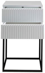 Moderne Nachtkommode mit zwei Schubladen in Frontansicht, geriffelte weiße Oberfläche und schwarzes Metallgestell.