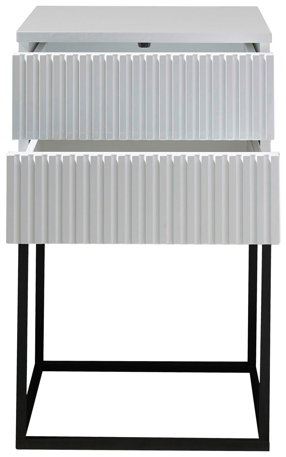 Moderne Nachtkommode mit zwei Schubladen in Frontansicht, geriffelte weiße Oberfläche und schwarzes Metallgestell.