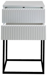 Moderne Nachtkommode mit zwei Schubladen in Frontansicht, geriffelte weiße Oberfläche und schwarzes Metallgestell.