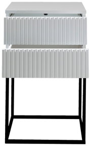 Moderne Nachtkommode mit zwei Schubladen in Frontansicht, geriffelte weiße Oberfläche und schwarzes Metallgestell.