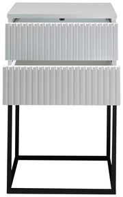Moderne Nachtkommode mit zwei Schubladen in Frontansicht, geriffelte weiße Oberfläche und schwarzes Metallgestell.