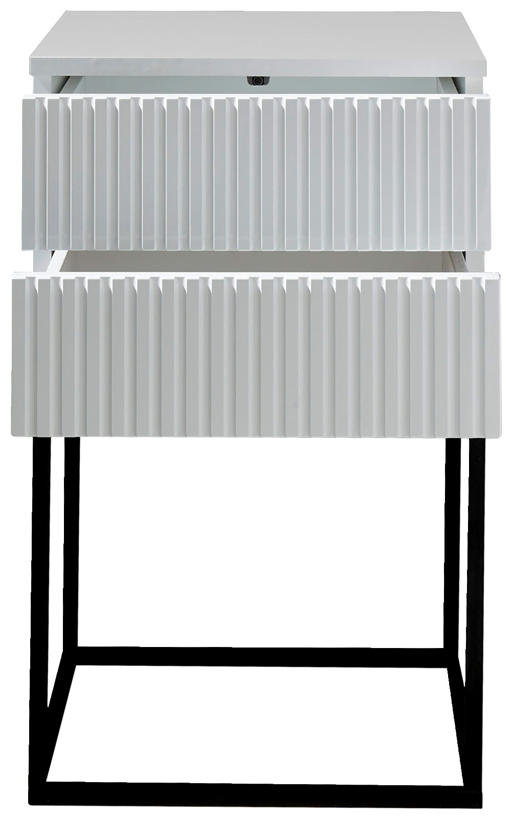 Moderne Nachtkommode mit zwei Schubladen in Frontansicht, geriffelte weiße Oberfläche und schwarzes Metallgestell.