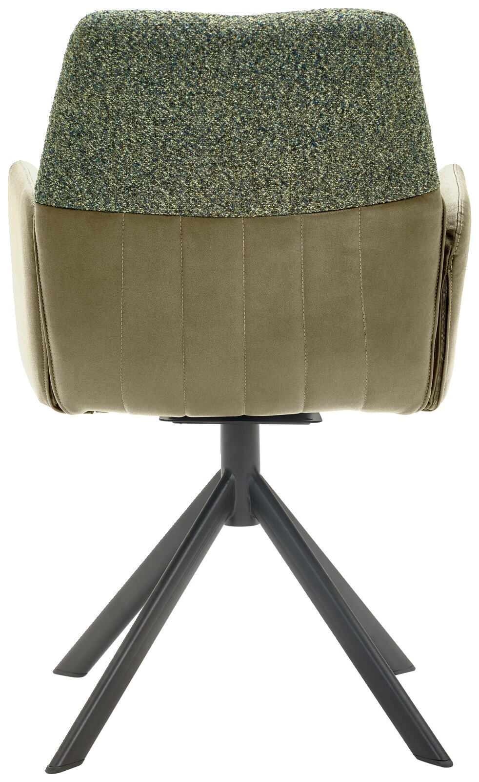 Achterkant van een fauteuil met groene stoffen bekleding en een zwart metalen frame.