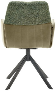 Achterkant van een fauteuil met groene stoffen bekleding en een zwart metalen frame.