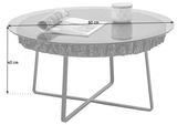 Runder Couchtisch mit Glasplatte und rustikalem Baumrinden-Design, seitliche Perspektive