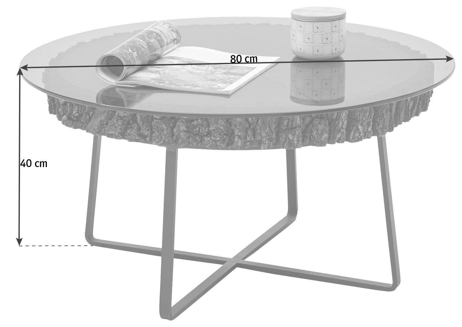 Runder Couchtisch mit Glasplatte und rustikalem Baumrinden-Design, seitliche Perspektive