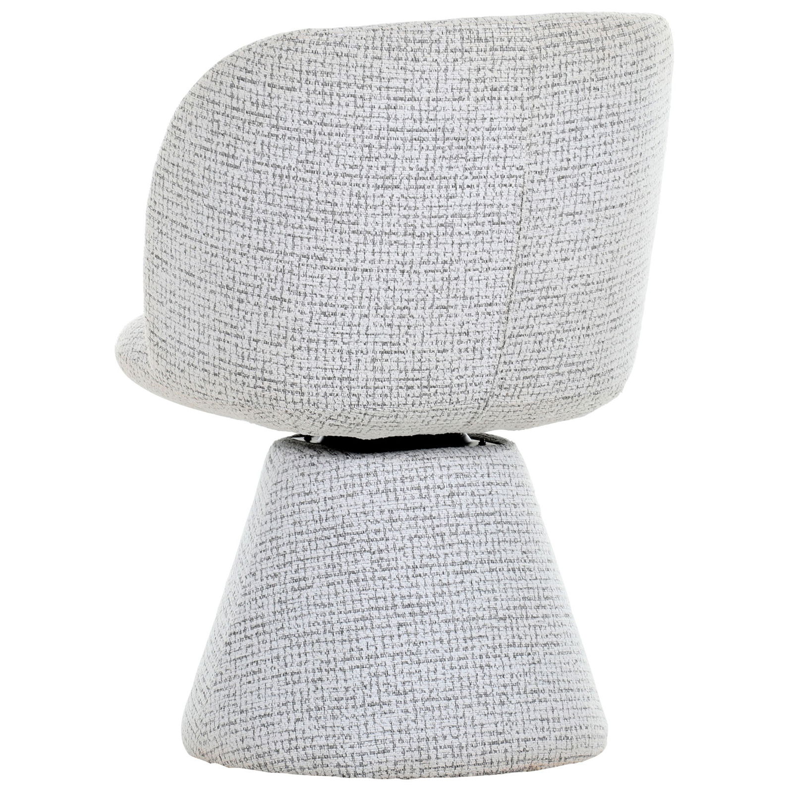 Rückansicht eines modernen Sessels mit grauem Stoffbezug und konischer Basis.