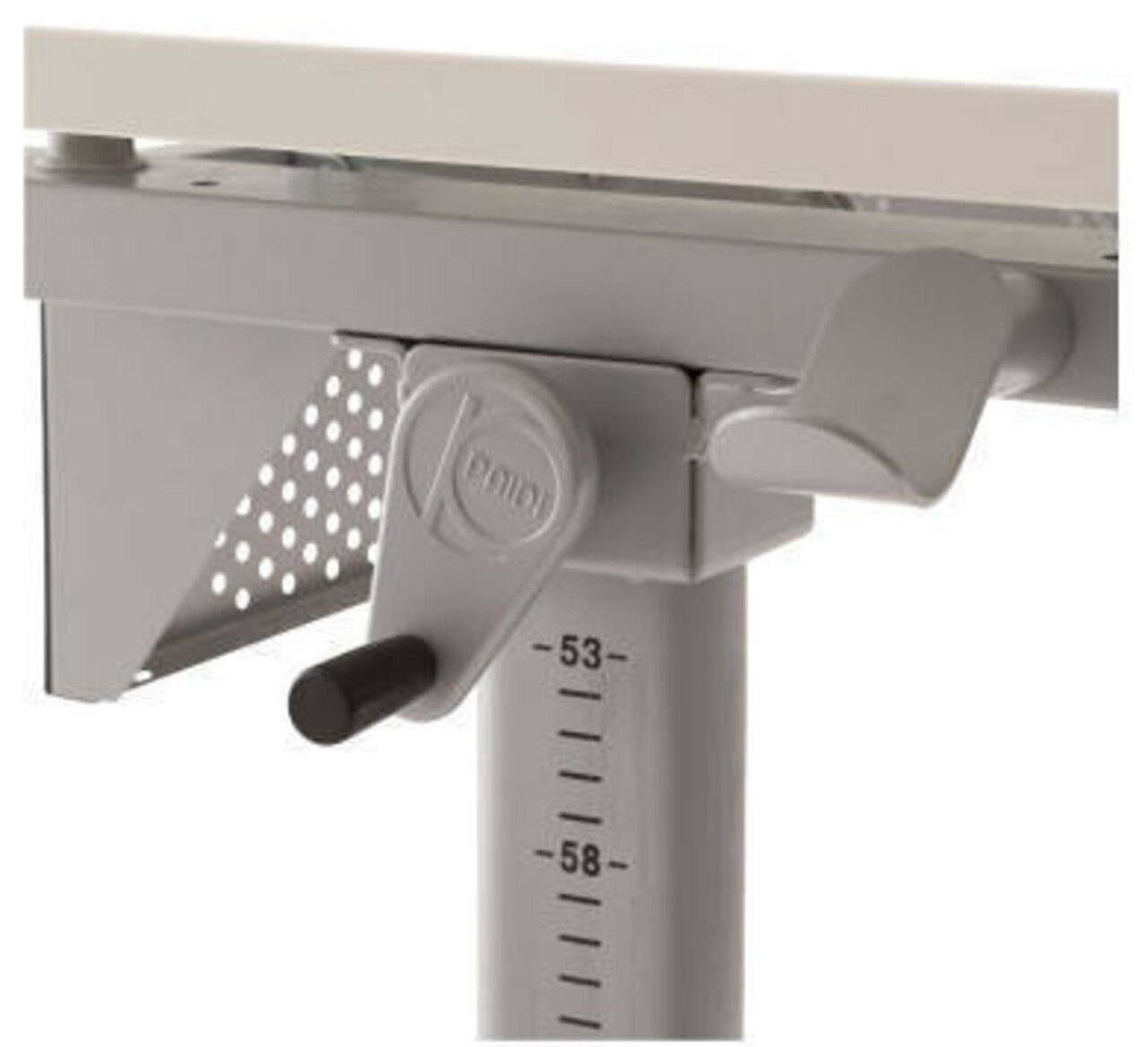 Nahaufnahme eines höhenverstellbaren Schreibtischmechanismus mit Kurbel und Skala.