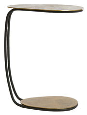 Moderner Beistelltisch MARS mit zwei ovalen Ablagen in Metalloptik, seitliche Perspektive