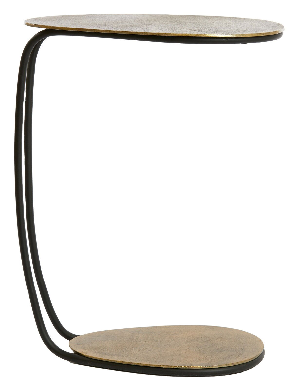 Moderner Beistelltisch MARS mit zwei ovalen Ablagen in Metalloptik, seitliche Perspektive