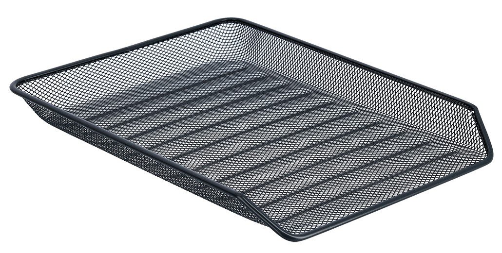 Schwarze Dokumentenablage aus Metallgitter, schräg von oben fotografiert