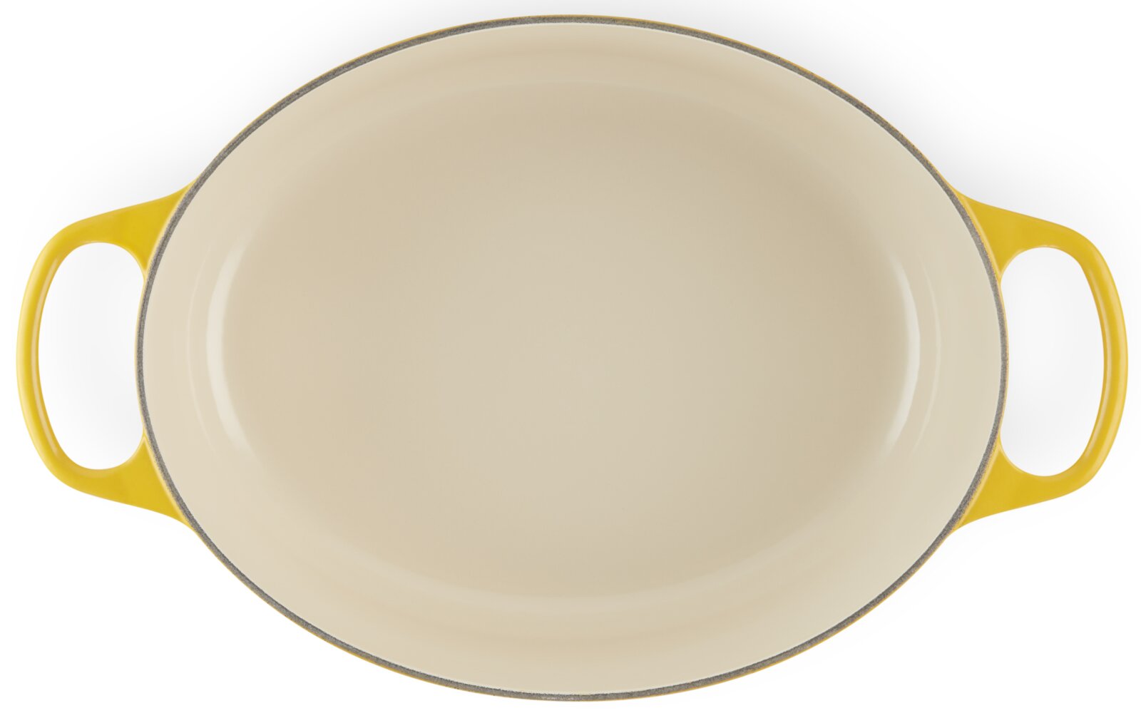 Ovaler Bräter in der Farbe Nectar mit gelben Griffen, Ansicht von oben