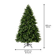 Künstlicher Weihnachtsbaum Freiburg Kiefer, 180 cm hoch, mit einem Durchmesser von 127 cm, auf einem stabilen Metallständer, frontal abgebildet.