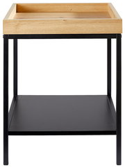 Moderner Beistelltisch mit Holzplatte und schwarzem Metallgestell, Frontalansicht