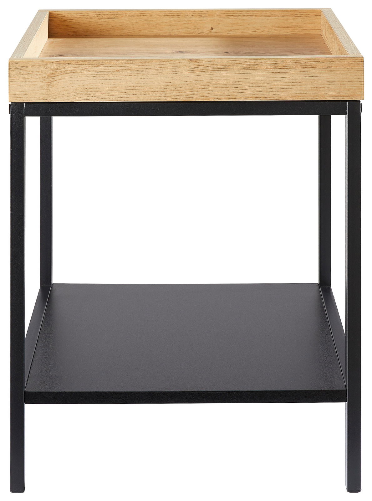 Moderner Beistelltisch mit Holzplatte und schwarzem Metallgestell, Frontalansicht