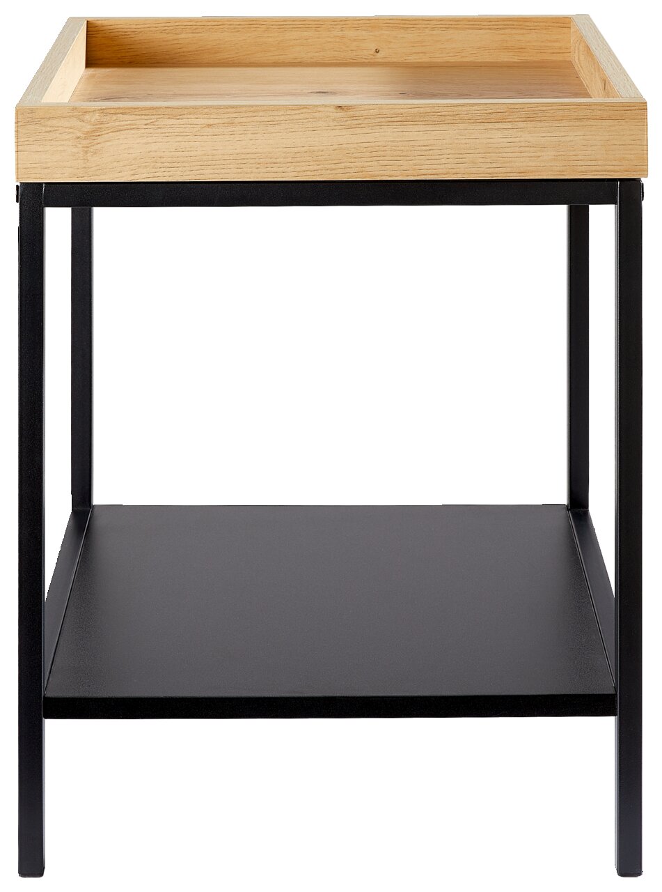 Moderne bijzettafel met houten blad en zwart metalen onderstel, vooraanzicht
