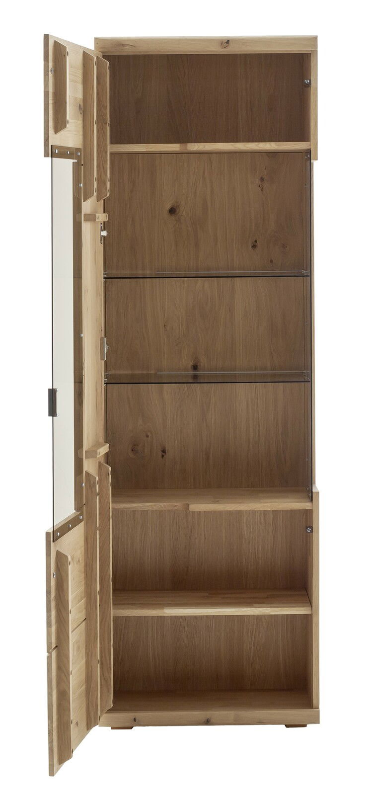 Geöffnete Vitrine aus Holz mit Glastür, frontal betrachtet, zeigt mehrere Regalböden.