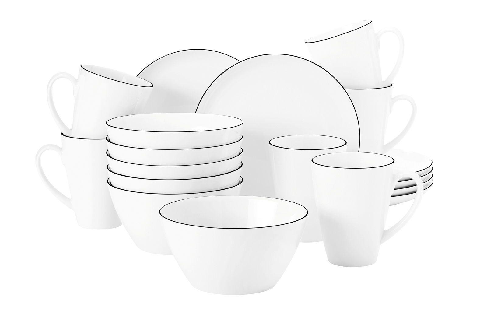 Seltmann Weiden Frühstücks-Set Lido Blackline 18-tlg. Frühstücksset Lido Black 18-teilig, bestehend aus weißen Tellern, Tassen und Schalen mit schwarzem Rand, aus der Vorderansicht.