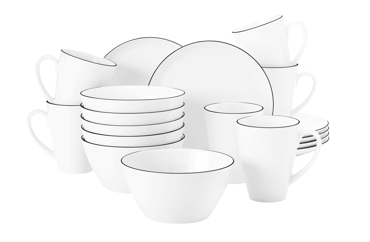 Frühstücksset Lido Black 18-teilig, bestehend aus weißen Tellern, Tassen und Schalen mit schwarzem Rand, aus der Vorderansicht.