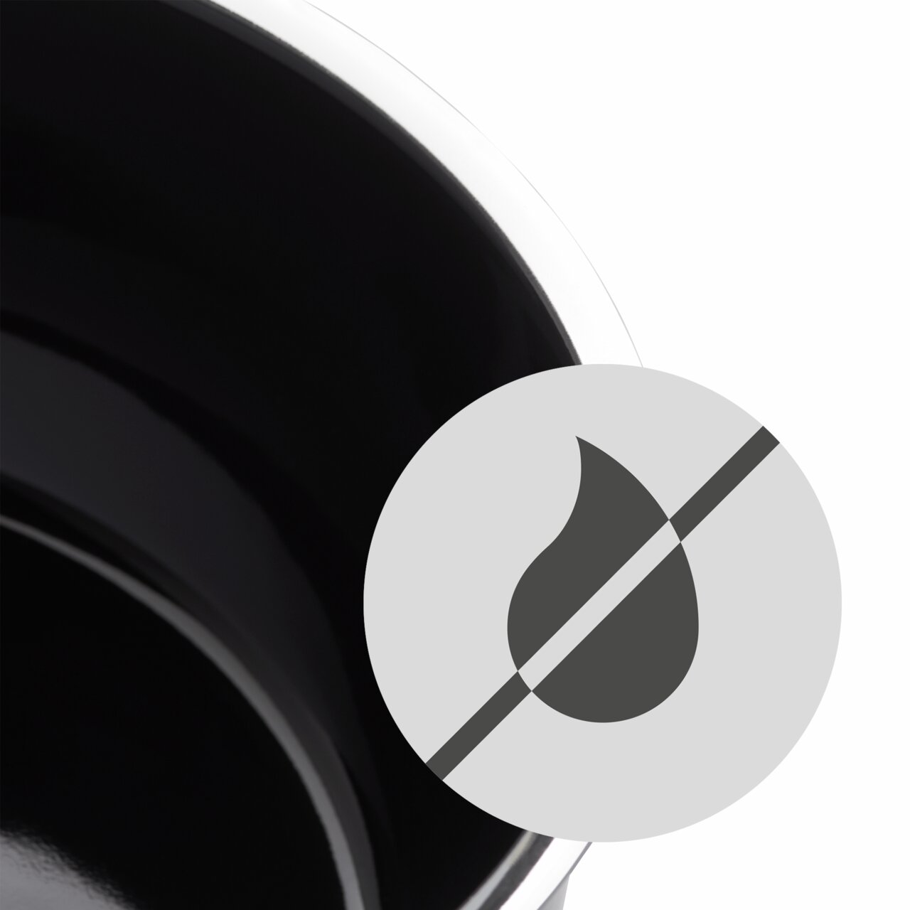 Nahaufnahme eines schwarzen Woks mit Antihaftbeschichtung, symbolisiert durch ein durchgestrichenes Tropfensymbol.