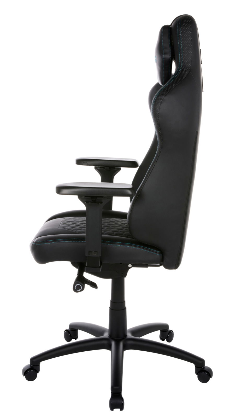 Seitliche Ansicht eines schwarzen Gaming-Stuhls mit verstellbaren Armlehnen und ergonomischem Design.