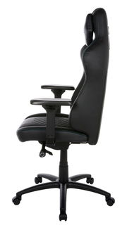 Seitliche Ansicht eines schwarzen Gaming-Stuhls mit verstellbaren Armlehnen und ergonomischem Design.