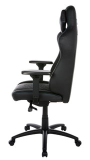 Seitliche Ansicht eines schwarzen Gaming-Stuhls mit verstellbaren Armlehnen und ergonomischem Design.