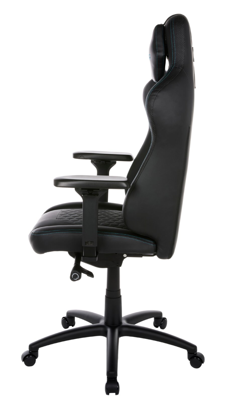 Seitliche Ansicht eines schwarzen Gaming-Stuhls mit verstellbaren Armlehnen und ergonomischem Design.