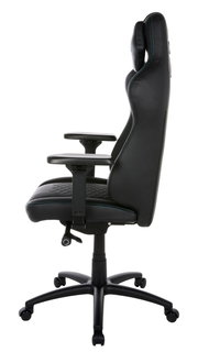 Seitliche Ansicht eines schwarzen Gaming-Stuhls mit verstellbaren Armlehnen und ergonomischem Design.