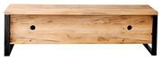 Frontansicht eines TV-Lowboards aus Holz mit schwarzem Metallrahmen und zwei Kabeldurchführungen.