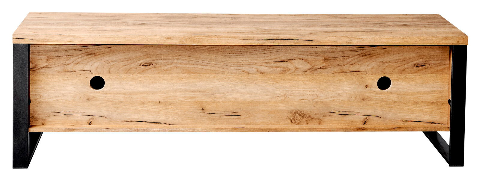 Frontansicht eines TV-Lowboards aus Holz mit schwarzem Metallrahmen und zwei Kabeldurchführungen.