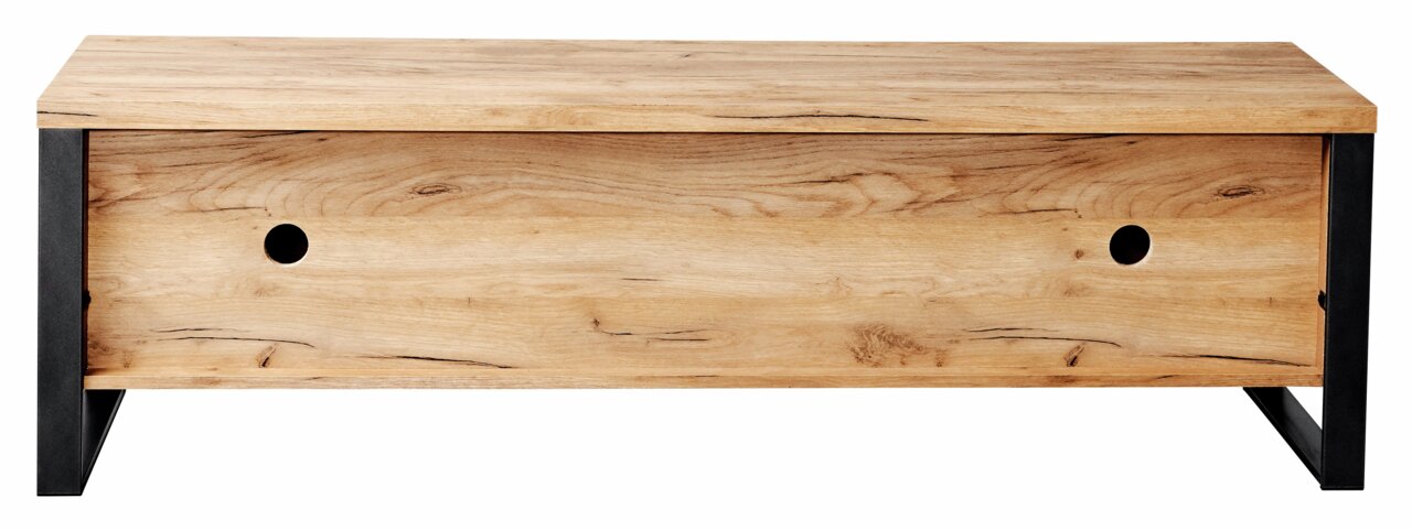 Frontansicht eines TV-Lowboards aus Holz mit schwarzem Metallrahmen und zwei Kabeldurchführungen.