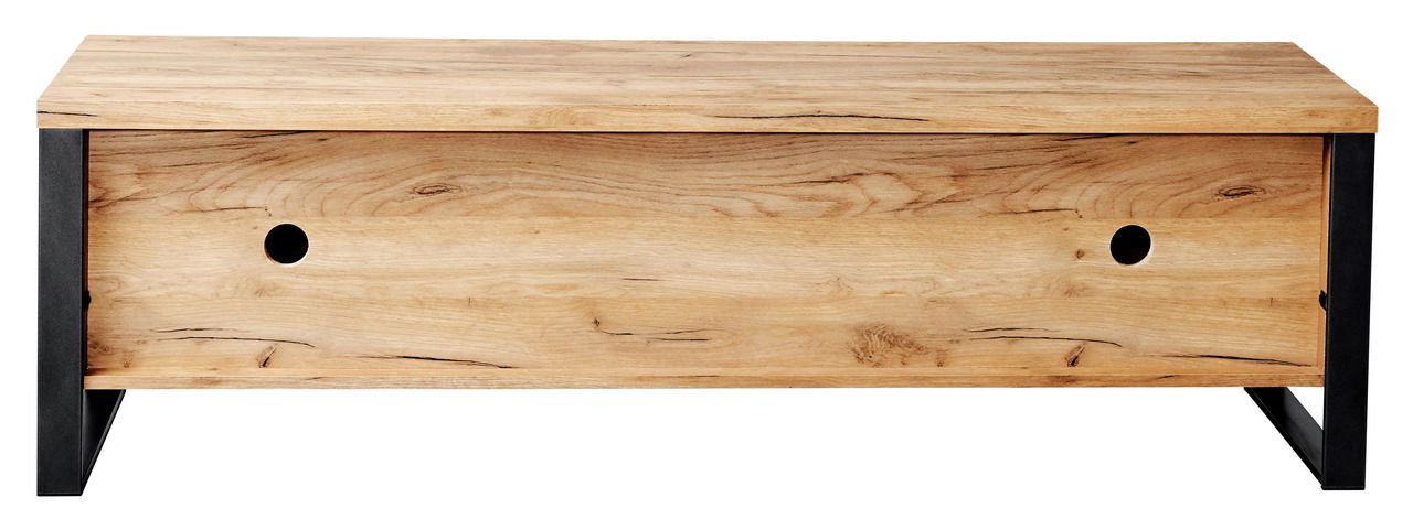 Frontansicht eines TV-Lowboards aus Holz mit schwarzem Metallrahmen und zwei Kabeldurchführungen.