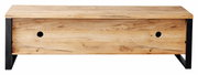 Frontansicht eines TV-Lowboards aus Holz mit schwarzem Metallrahmen und zwei Kabeldurchführungen.