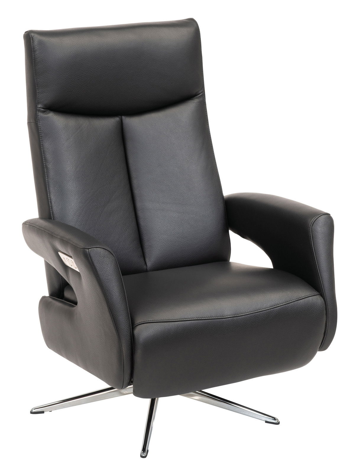 Welnova Relaxsessel 8001 SUPERIOR Schwarzer Relaxsessel aus Leder mit verchromtem Drehfuß, seitliche Ansicht