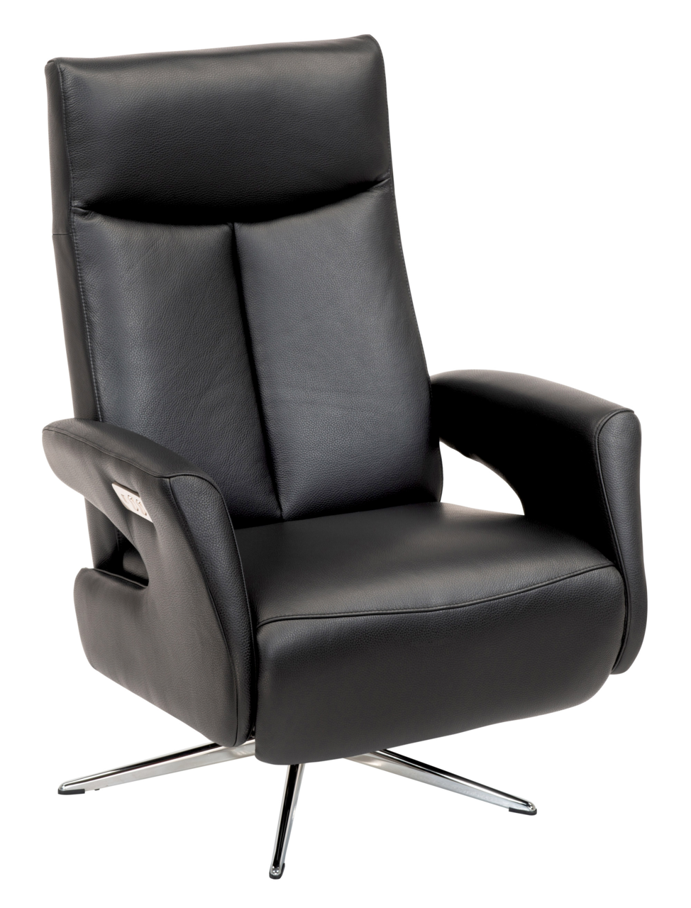 Welnova Relaxsessel 8001 SUPERIOR Schwarzer Relaxsessel aus Leder mit verchromtem Drehfuß, seitliche Ansicht