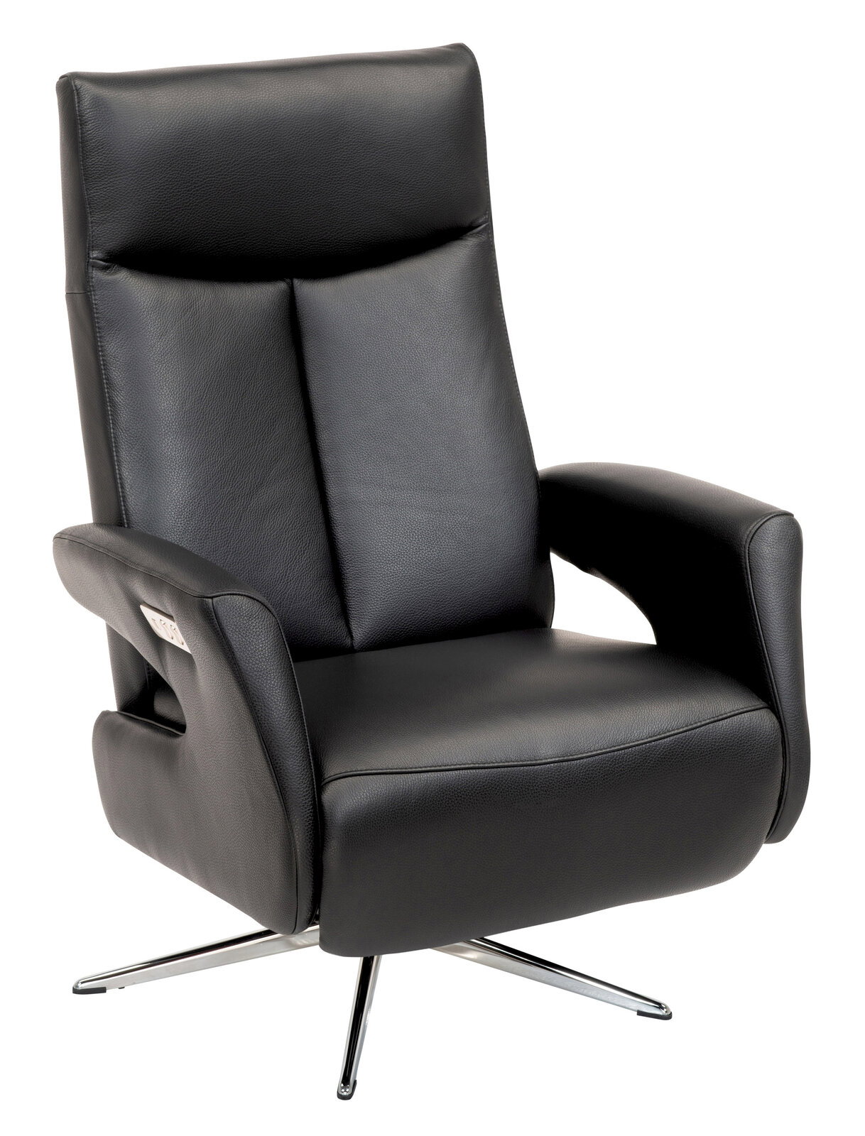 Welnova Relaxsessel 8001 SUPERIOR Schwarzer Relaxsessel aus Leder mit verchromtem Drehfuß, seitliche Ansicht