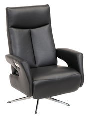 Schwarzer Relaxsessel aus Leder mit verchromtem Drehfuß, seitliche Ansicht