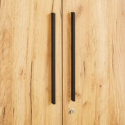 Nahaufnahme eines Aktenschranks mit Holzoptik und schwarzen Griffen, frontale Perspektive