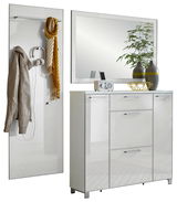 Garderoben-Set 3-tlg. in moderner, weißer Hochglanzoptik mit Spiegel, Schrank und Wandpaneel, seitliche Perspektive