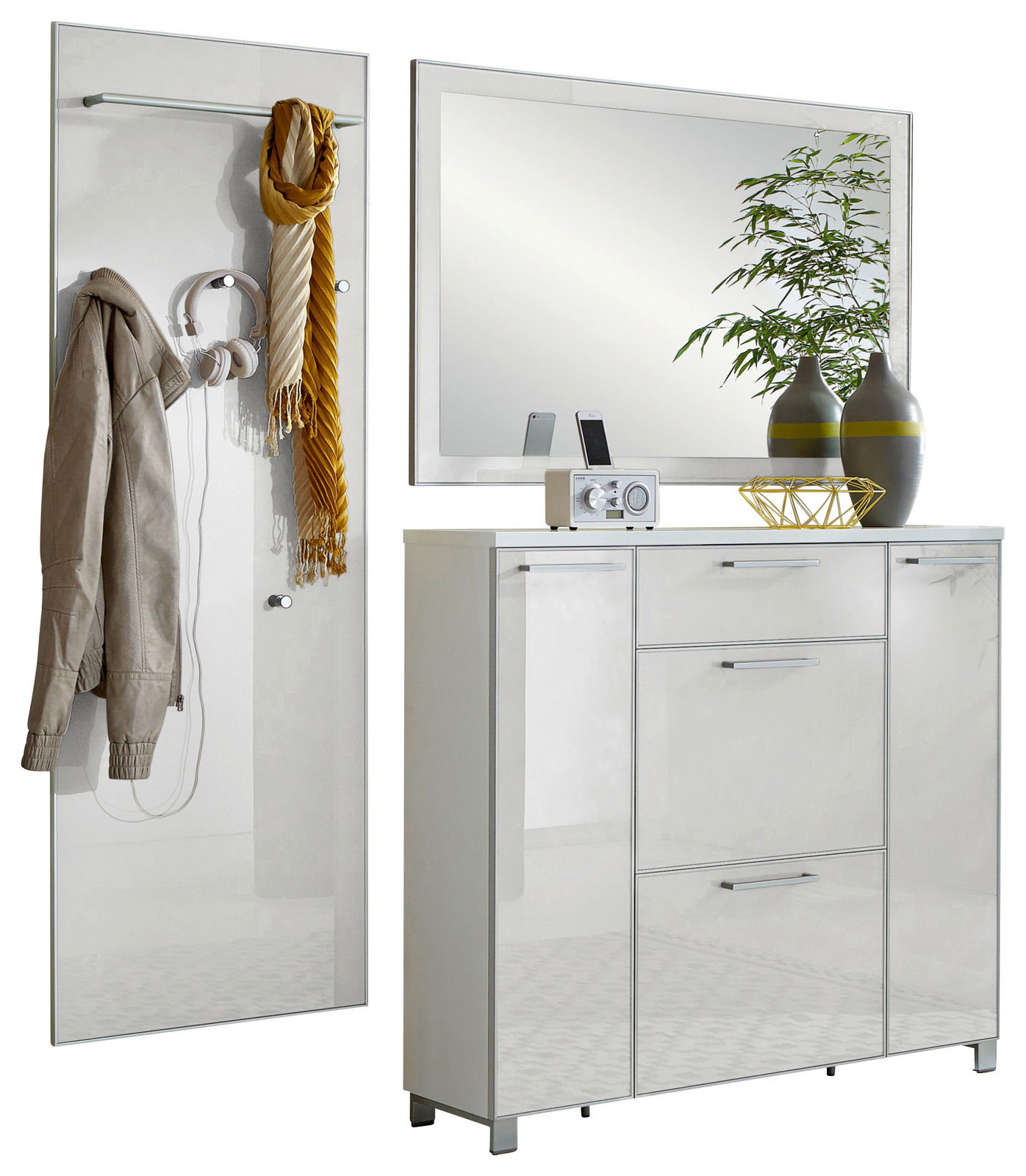 Garderoben-Set 3-tlg. in moderner, weißer Hochglanzoptik mit Spiegel, Schrank und Wandpaneel, seitliche Perspektive