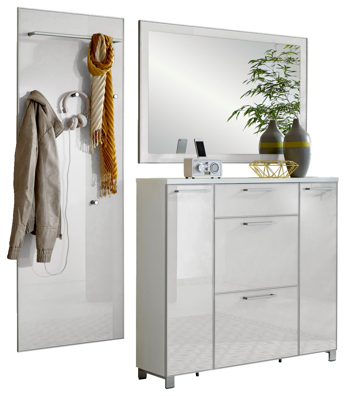 Garderoben-Set 3-tlg. in moderner, weißer Hochglanzoptik mit Spiegel, Schrank und Wandpaneel, seitliche Perspektive