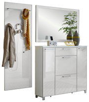Garderoben-Set 3-tlg. in moderner, weißer Hochglanzoptik mit Spiegel, Schrank und Wandpaneel, seitliche Perspektive