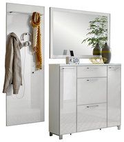 Garderoben-Set 3-tlg. in moderner, weißer Hochglanzoptik mit Spiegel, Schrank und Wandpaneel, seitliche Perspektive