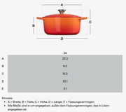 Runde, orangefarbene Marmite mit Deckel, seitlicher Perspektive, 24 cm Durchmesser, 3,1 Liter Fassungsvermögen.