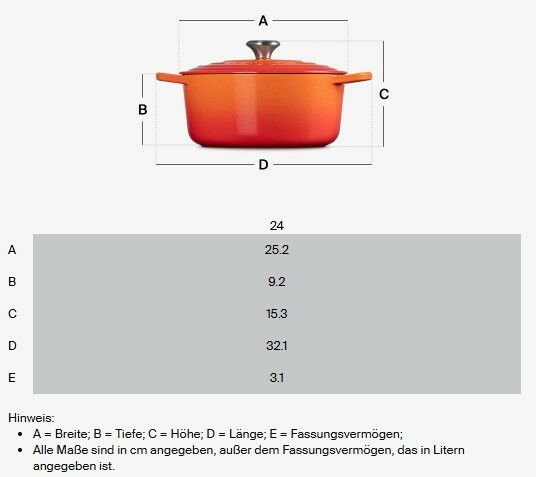 Runde, orangefarbene Marmite mit Deckel, seitlicher Perspektive, 24 cm Durchmesser, 3,1 Liter Fassungsvermögen.